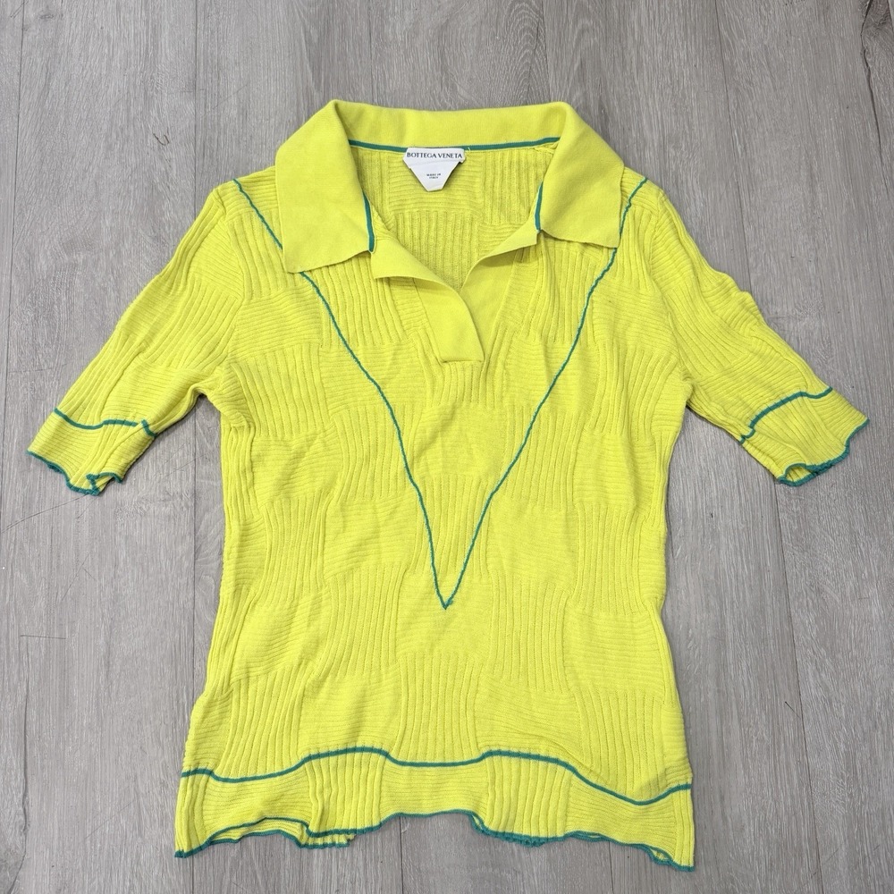 Bottega Veneta Women's L Lime Green Ribbed Knit Polo Top Contrast Stitch Italy